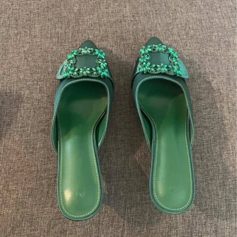 Womens Kitten Mules Sandal Party Wedding Pumps Green/Black/Khaki/Rose Red